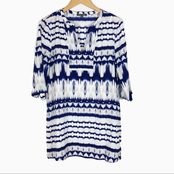 Michael Stars 100% Silk Tie Dye Shirt Dress | Blue White | Size Small - Picture 2 of 14
